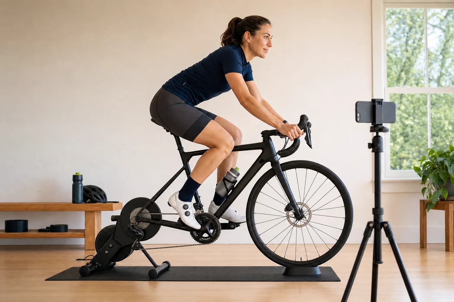 A road rider recording a supported indoor trainer setup with a phone.