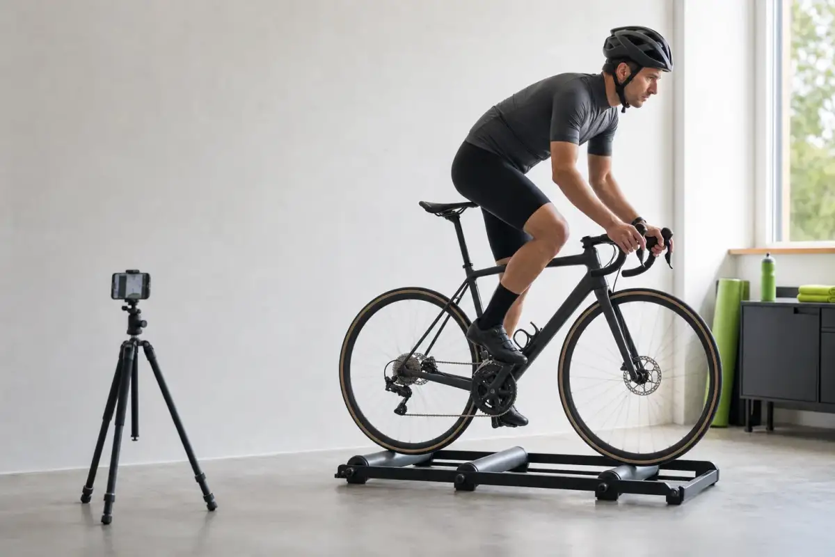 Concept image of a road cyclist riding indoors on rollers while a phone on a tripod records from the side.