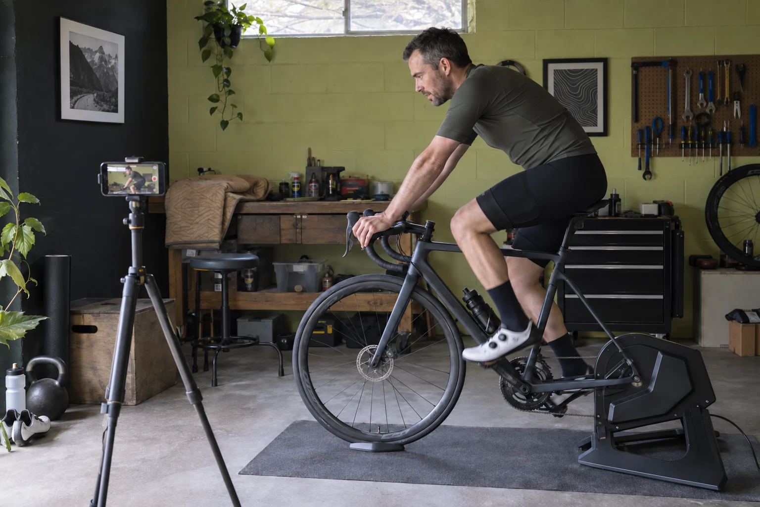 A rider records a bike-fit session in a lived-in home workshop.